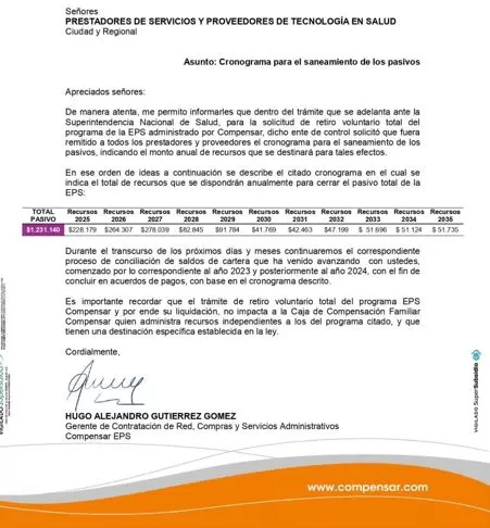 EPS Compensar proyecta liquidar deudas a prestadores en un plazo de 11 años si aprueban su salida del sistema 20 EPS Compensar cronograma
